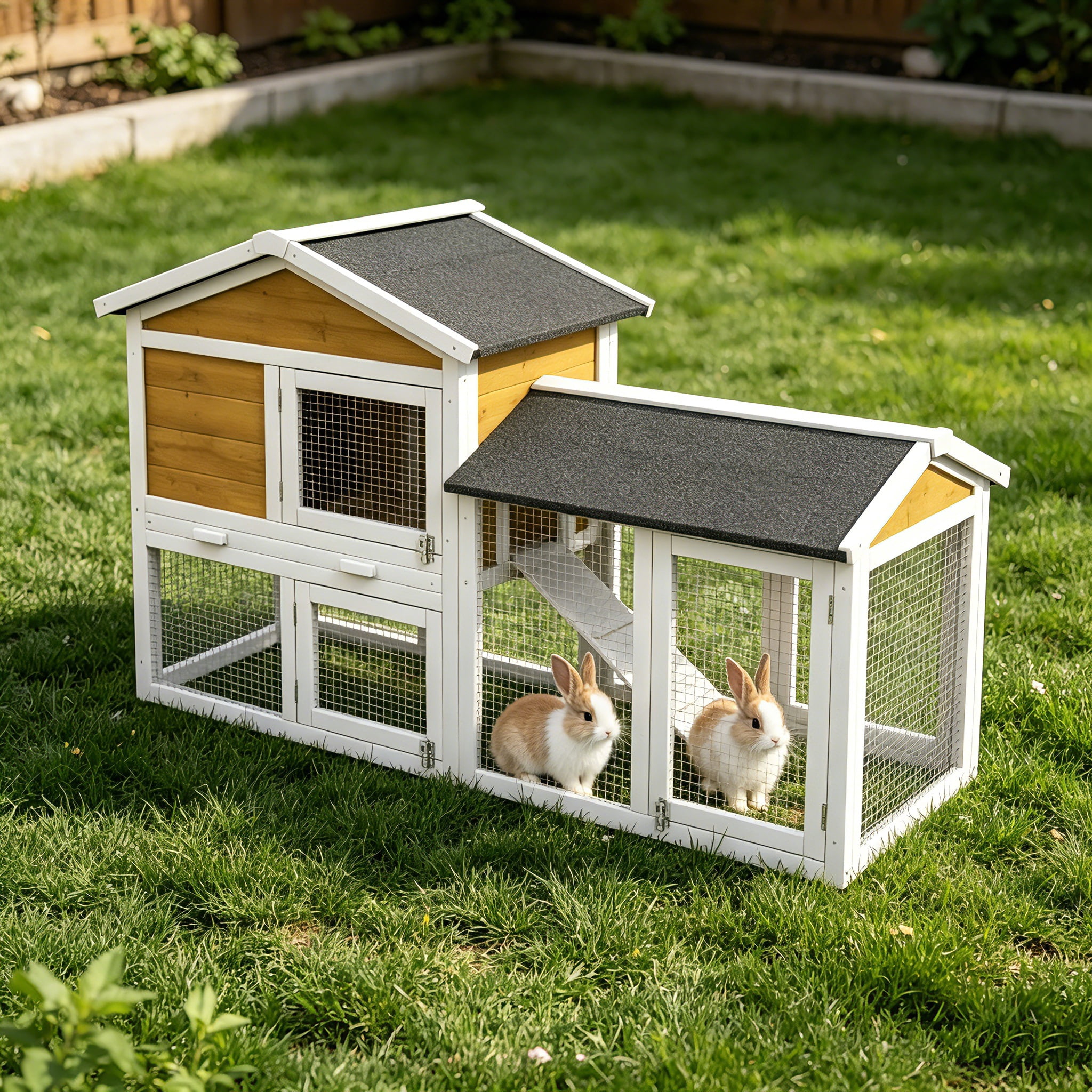 AUU PawHut 58" Wooden Rabbit Hutch for Guinea Pigs, Small Animal Enclosure with Run Area, Removable Tray, Asphalt Roof, Lockable Doors & Ramp, Nature Wood Finish