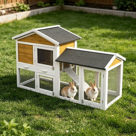 AUU PawHut 58" Wooden Rabbit Hutch for Guinea Pigs, Small Animal Enclosure with Run Area, Removable Tray, Asphalt Roof, Lockable Doors & Ramp, Nature Wood Finish