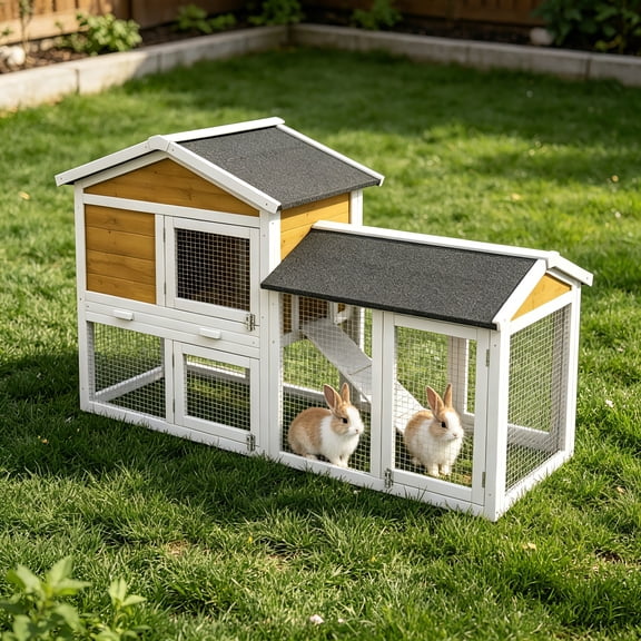 AUU PawHut 58" Wooden Rabbit Hutch for Guinea Pigs, Small Animal Enclosure with Run Area, Removable Tray, Asphalt Roof, Lockable Doors & Ramp, Nature Wood Finish