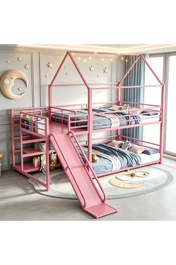 AUU Pink Full Metal House Bunk Bed with Storage Stairs, Slide, and Safety Rails