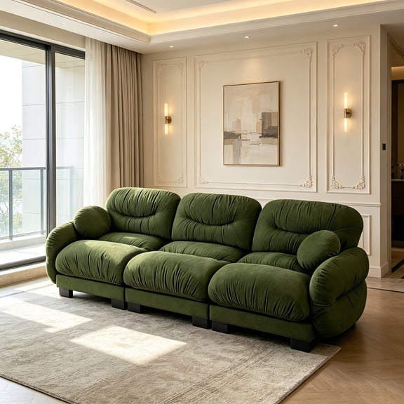 AUU Pleated Design Cozy Chenille Fabric 3-Seater Modular Sofa, High-Density Ergonomic Foam Seat, Curved Round Armrests with 2 Round Throw Pillows