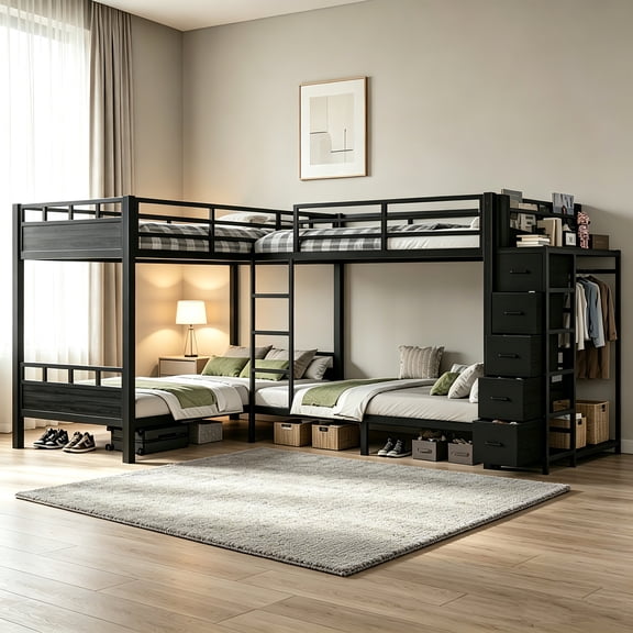 AUU Quad Twin Metal Bunk Bed with 4 Storage Drawers, Wardrobe & Open Shelves – 4-Bed Frame with Non-Woven Fabric Drawers, Space-Saving Solution for Shared Bedrooms, Dorms, or Guest Rooms