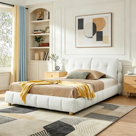 AUU Queen Cream Boucl Fabric Platform Bed, Cloud-Like Upholstered Frame with Solid Wood Legs, No Box Spring Needed