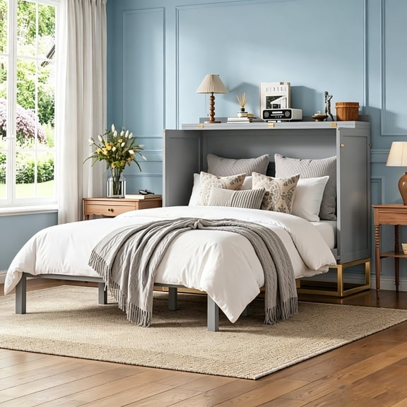 AUU Queen Murphy Bed with Wooden Door Fronts, Decorative Drawers, and Metal Legs – Space-Saving Wall Bed