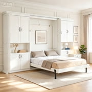 AUU Queen Murphy Wall Bed with Dual Sliding Cabinets & 6-Tier Shelves, Concealed Space-Saving System for Versatile Rooms