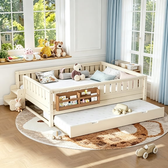 AUU Queen Size Bed with Built-In Bookshelves, Small Staircase, Safety Rails, and Pull-Out Trundle – Space-Saving Design for Bedroom