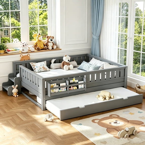 AUU Queen Size Bed with Built-In Bookshelves, Small Staircase, Safety Rails, and Pull-Out Trundle – Space-Saving Design for Bedroom