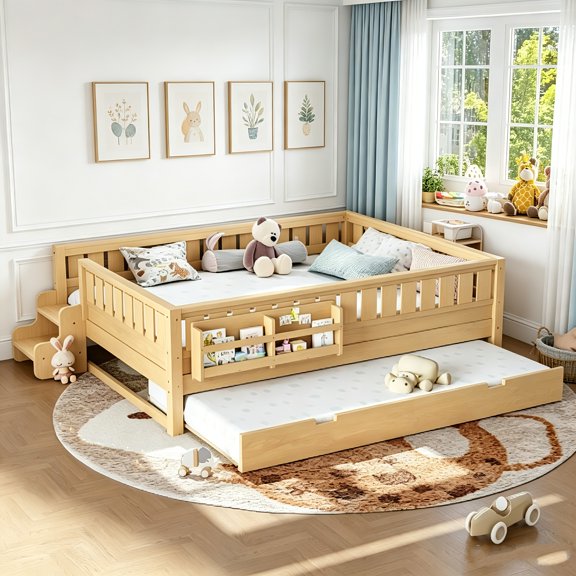 AUU Queen Size Bed with Built-In Bookshelves, Small Staircase, Safety Rails, and Pull-Out Trundle – Space-Saving Design for Bedroom