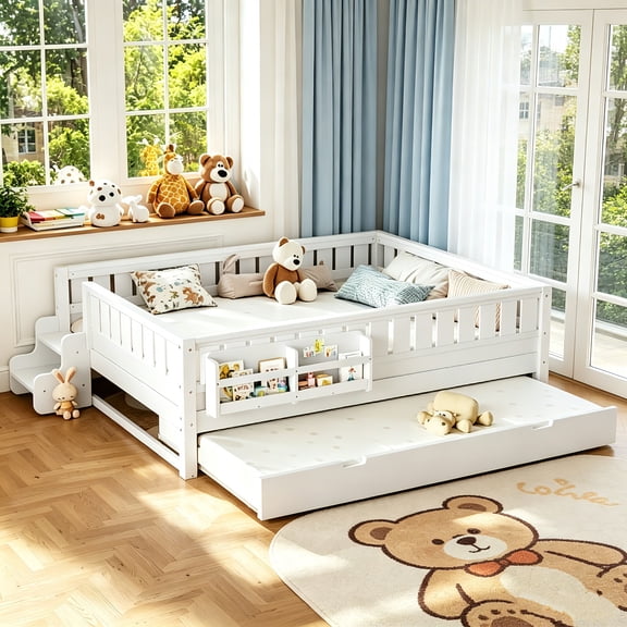 AUU Queen Size Bed with Built-In Bookshelves, Small Staircase, Safety Rails, and Pull-Out Trundle – Space-Saving Design for Bedroom