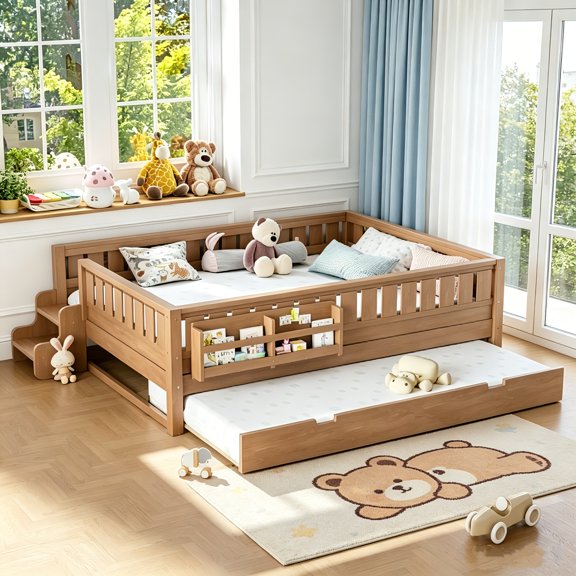 AUU Queen Size Bed with Built-In Bookshelves, Small Staircase, Safety Rails, and Pull-Out Trundle – Space-Saving Design for Bedroom