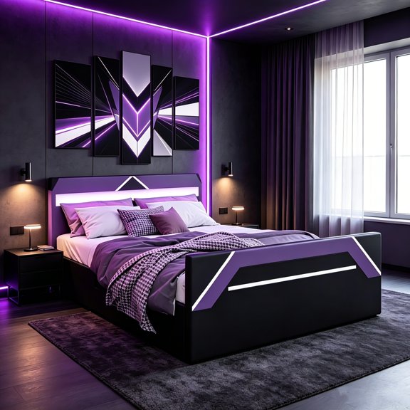 AUU Queen Size Cyberpunk Gaming Bed with 7-Color LED Headboard & Hydraulic Lift Storage – Side-Lift Platform Bed Frame with Built-in Lighting, No Box Spring Needed for Bedroom, Game Room, or Studio