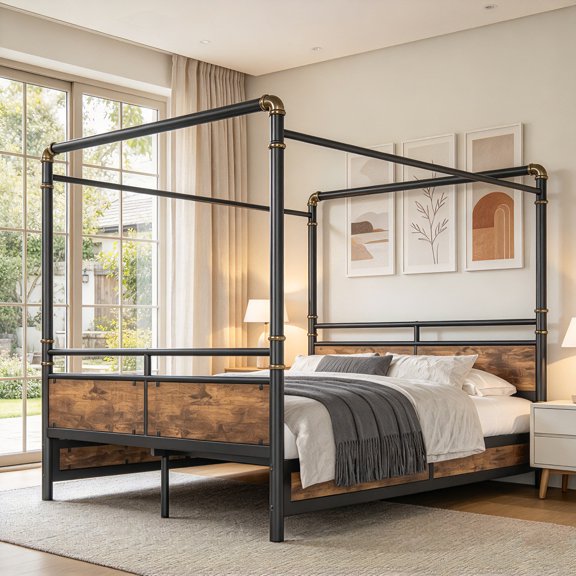 AUU Queen Size Metal Canopy Bed with Upgraded Round-Pipe Frame, Industrial Modern Design, Black