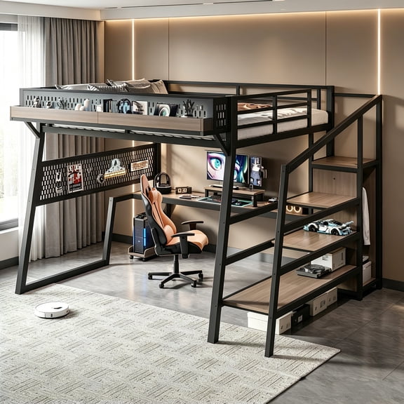 AUU Queen Size Metal Loft Bed with Storage Stairs, Wardrobe, Pegboard & USB/LED Lights Space-Saving Frame with Shelves & Noise-Reduced Design for Bedroom, Dorm, or Studio, Black