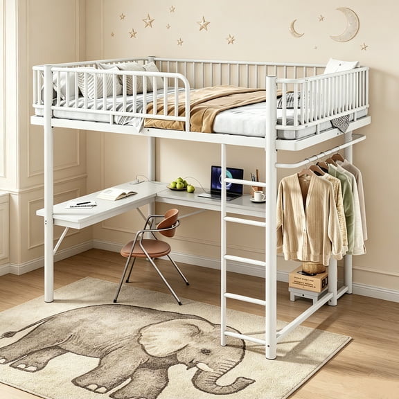 AUU Queen Size Metal Loft Bed with L-Shaped Desk, LED Light Strip, Charging Station, Computer Tray & Hanging Area – Round Pipe Design