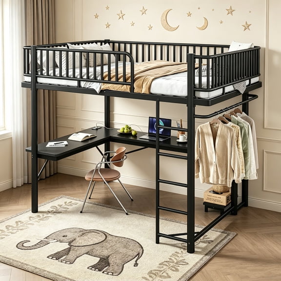 AUU Queen Size Metal Loft Bed with L-Shaped Desk, LED Light Strip, Charging Station, Computer Tray & Hanging Area – Round Pipe Design
