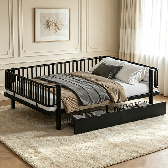 AUU Queen Size Metal Platform Bed with Storage Drawers, Upgraded Safety Round-Pipe Frame, Low Profile Daybed Design