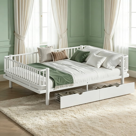 AUU Queen Size Metal Platform Bed with Storage Drawers, Upgraded Safety Round-Pipe Frame, Low Profile Daybed Design