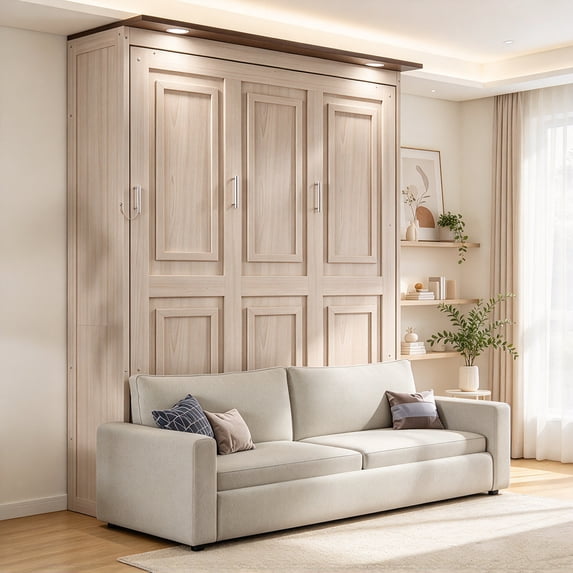 Led Design Plan AUU Queen Size Murphy Bed with Upholstered Sofa & LED Lights, Beige ...