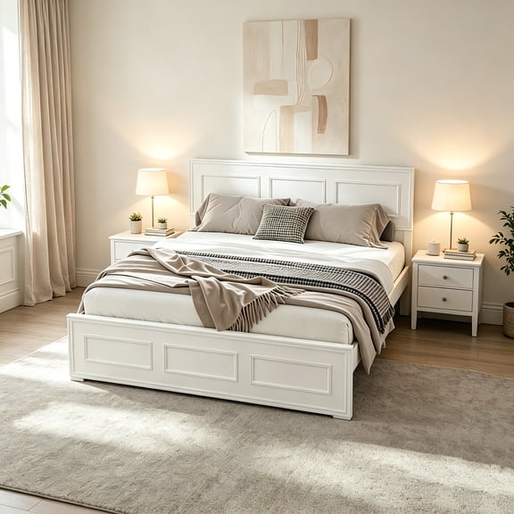 AUU Queen Size Solid Pine Platform Bed with Adjustable Height Headboard & Reinforced Frame – Sturdy Wooden Bed Frame for Bedroom, Guest Room, or Apartment, No Box Spring Needed
