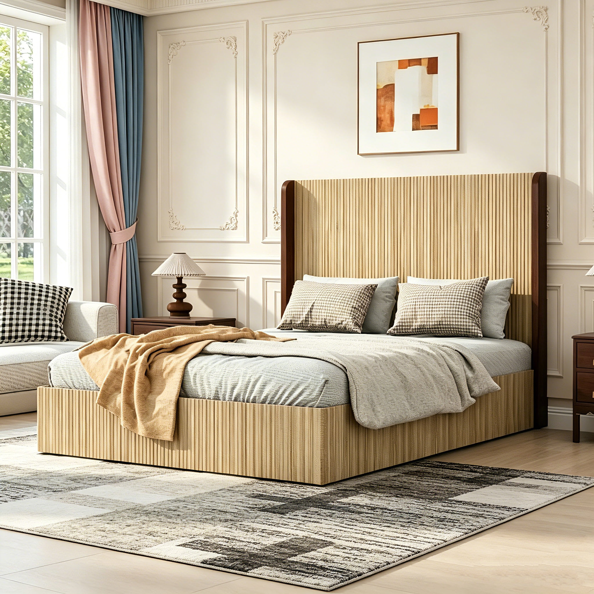 AUU Queen Size Wooden Platform Bed Frame with Serrated Edge and Wing ...