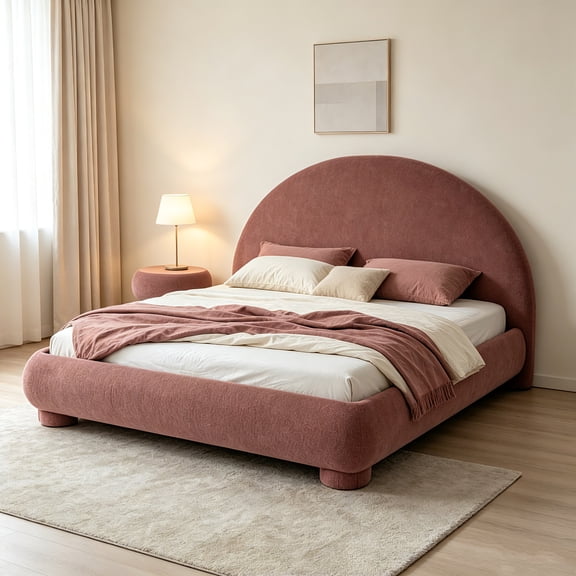AUU Queen Upholstered Boucle Platform Bed with Curved Arched Headboard – Solid Wood Slat Support, No Box Spring Needed for Bedroom or Guest Room