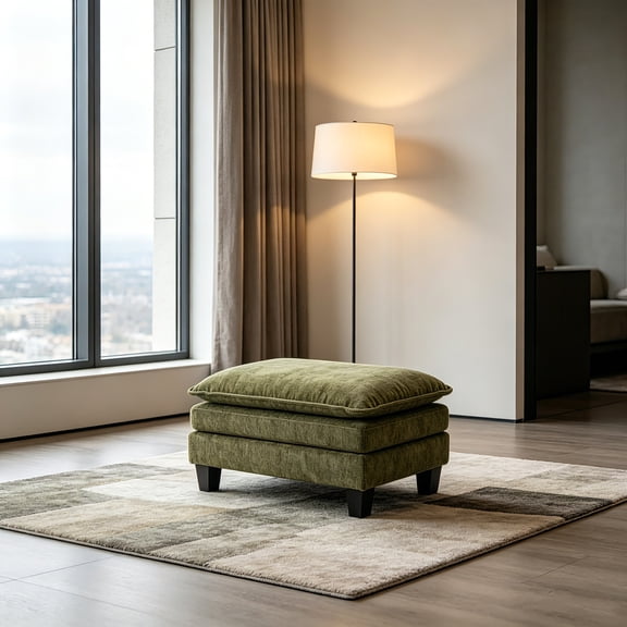 AUU Rectangular Green Chenille Ottoman Footstool, Padded Upholstered Coffee Table Ottoman for Living Room or Bedroom, Modern Footrest
