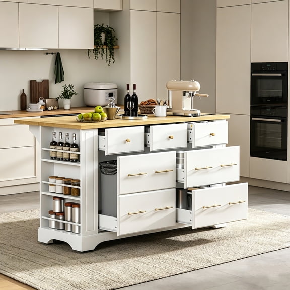 AUU Rolling Kitchen Island with 6 Drawers, Pull Out Trash Can Storage, Drop Leaf, Power Outlet, and 5 Open Side Racks – on 5 Wheels for Kitchen or Dining Room