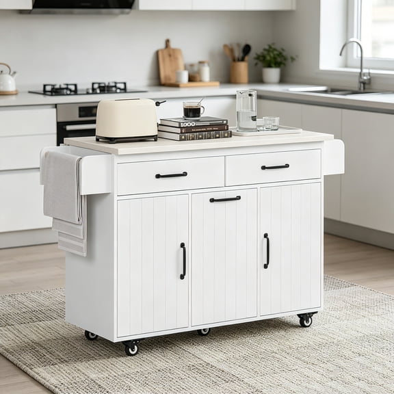 AUU Rolling Kitchen Island with Trash Can Storage Cabinet, Drop Leaf, Spice Rack, Towel Rack, Drawer and Adjustable Shelf – on Wheels