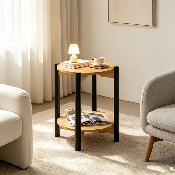 AUU Round End Table with Open Bottom Shelf – Modern Space-Saving Side Accent Table for Living Room, Bedroom, or Lounge