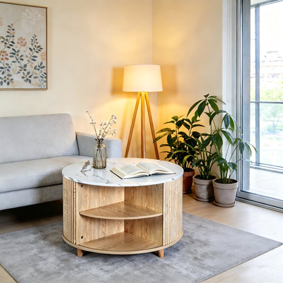 AUU Round Fluted Storage Coffee Table with Sliding Cabinet Door & Flip-Top Compartment White Marble Veneer Top, Light Oak Textured Base, Multi-Functional Center Table for Living Room, Apartment