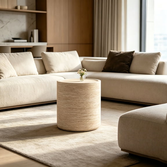 AUU Round Mars Pattern Drum Coffee Table, No Assembly Required, Modern Accent Table for Living Room