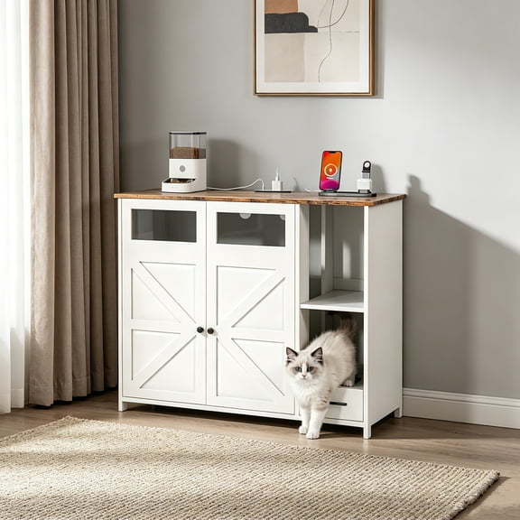 AUU Rustic White Hidden Cat Litter Box Enclosure Furniture Large Dog-Proof Litter Box Cabinet with Power Strip, Compatible with Large Self-Cleaning Litter Boxes