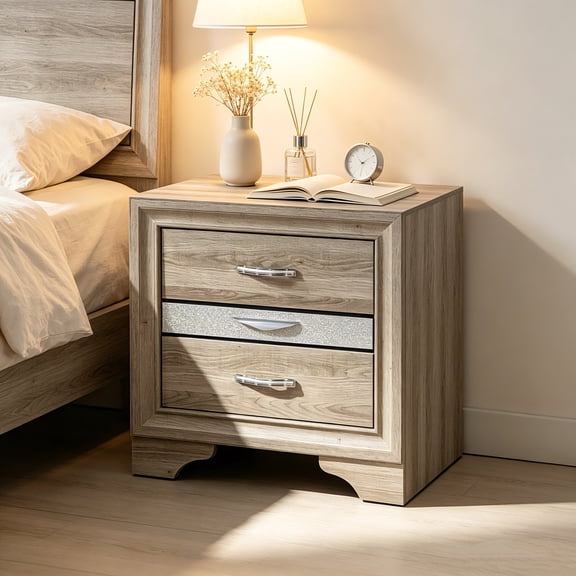 AUU Ryder Natural Finish Modern Nightstand with 2 Drawers & Jewelry Drawer Glitter Accent Bedside Table, MDF/Solid Wood Frame for Bedroom
