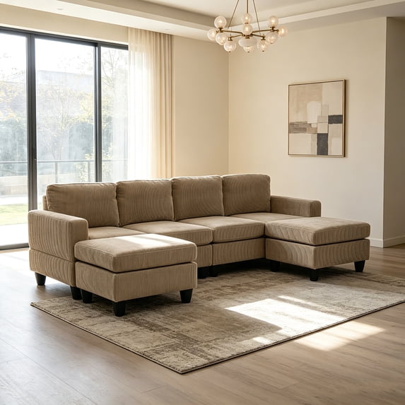 AUU Savannah Modular Corduroy Sectional Sofa with Ottoman, Upholstered ...