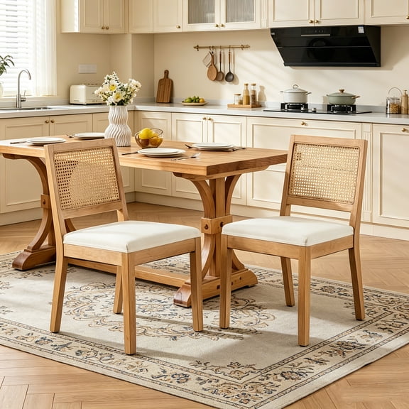 AUU Set of 2 Farmhouse Rattan Dining Chairs, Mid-Century Modern Cane Upholstered Side Chairs with Natural Hardwood Frame, Beige for Kitchen & Dining Room