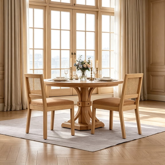 AUU Set of 2 Farmhouse Rattan Dining Chairs – Mid-Century Modern Side Chairs with Cane Upholstery and Natural Hardwood Frame for Kitchen or Dining Room