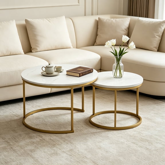 AUU Set of 2 Nesting Round Coffee Tables 27.6"  Wood Marble-Pattern Top with Sturdy Metal Frame, Versatile End Side Tables for Living Room, Bedroom, Balcony, or Yard