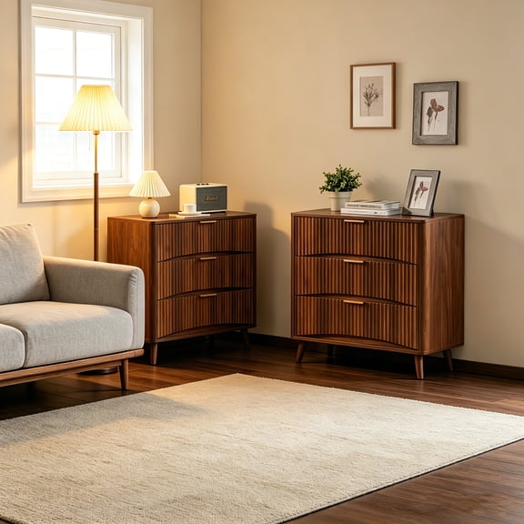 AUU Set of 2 Walnut Fluted 3-Drawer Dressers Mid-Century Modern Tall Chest with Vertical Grooved Design, Solid Wood Storage Cabinet with Metal Handles for Bedroom or Living Room