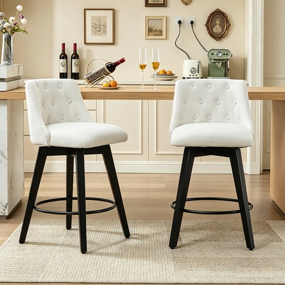 AUU Set of 2 Wing Back Swivel Bar Stools, 25" Counter Height Adjustable with Solid Wood Legs, Chenille Upholstery and Leveling Feet for Kitchen Island, Home Pub or Dining Room,White