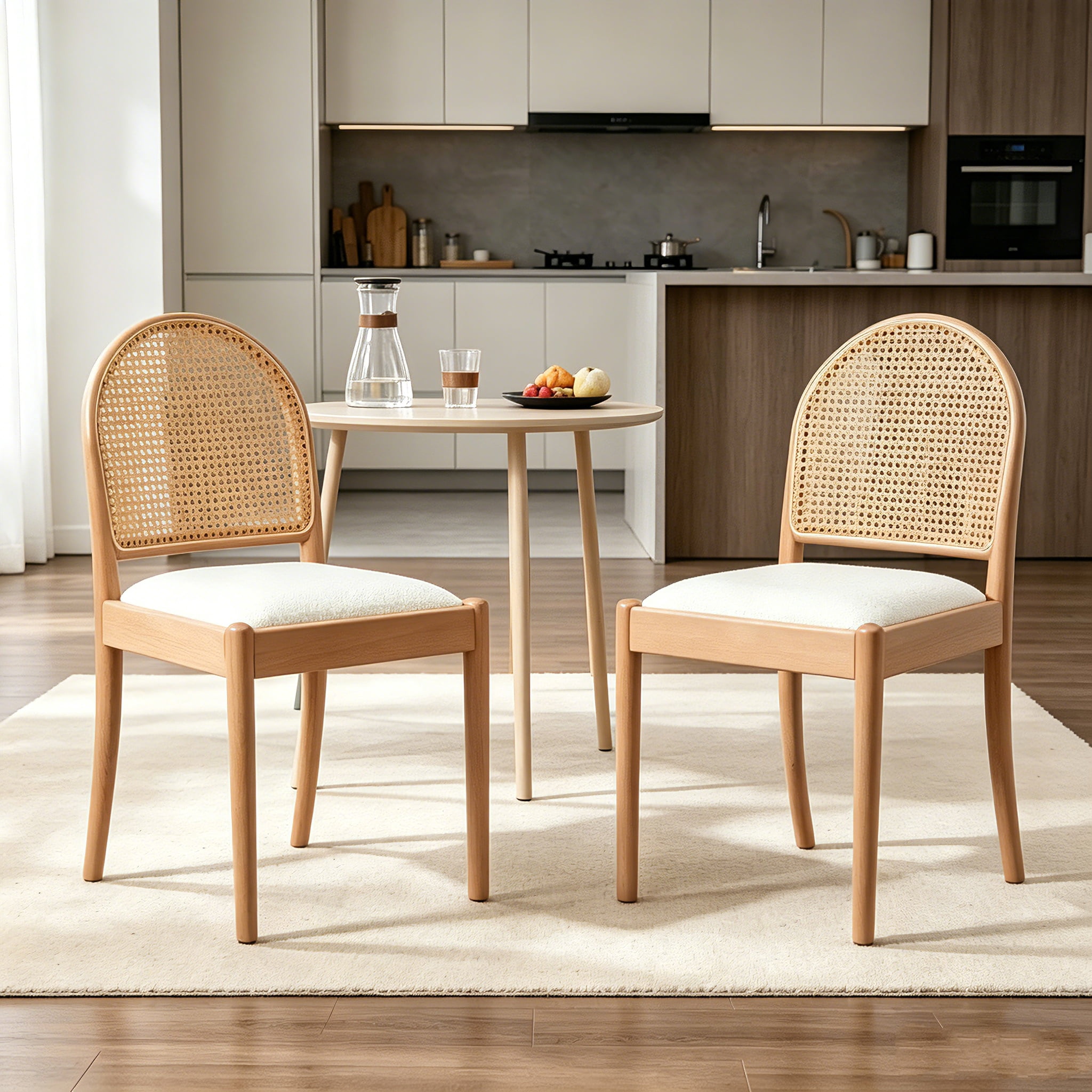 AUU Set of 2 Beige Rattan Dining Chairs, Upholstered Linen Seat with ...