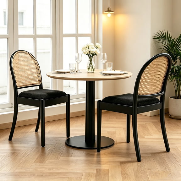 AUU Set of 2 Black Rattan & Linen Upholstered Dining Chairs Modern Kitchen Chairs with Wood Legs and Backrests for Dining Room