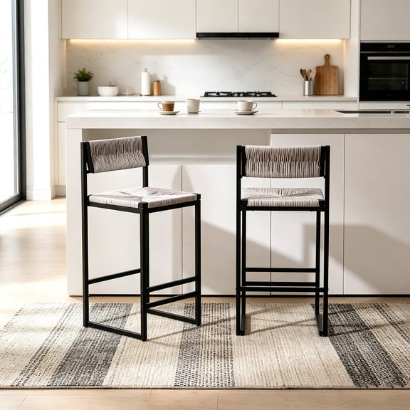 AUU Set of 2 Hand-Woven Paper Rope Counter Stools with Footrest for Kitchen Island and Dining Room