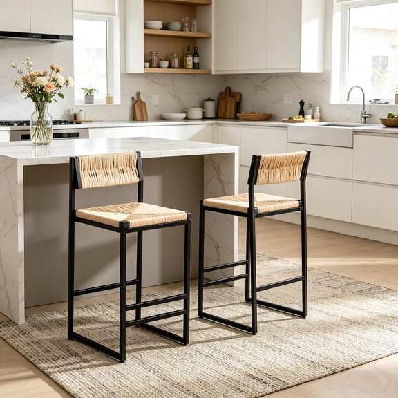 AUU Set of 2 Hand-Woven Paper Rope Counter Stools with Footrest for Kitchen Island and Dining Room
