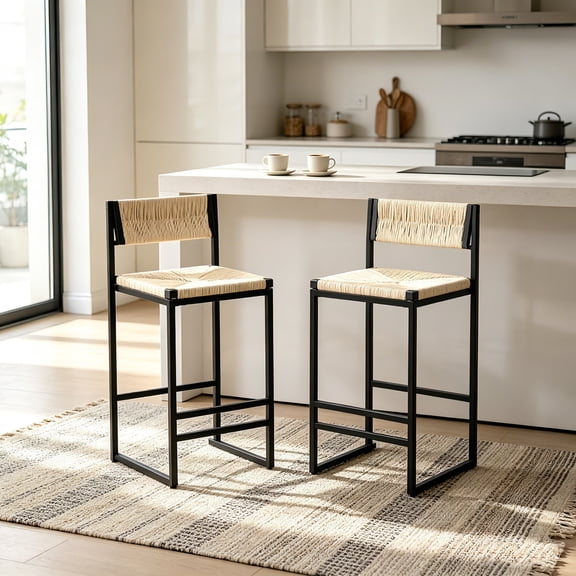 AUU Set of 2 Hand-Woven Paper Rope Counter Stools with Footrest for Kitchen Island and Dining Room