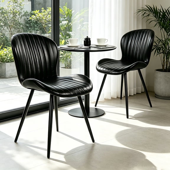 AUU Set of 2 Modern Black Leather Upholstered Dining Chairs Comfy Backrest and Sturdy Metal Legs