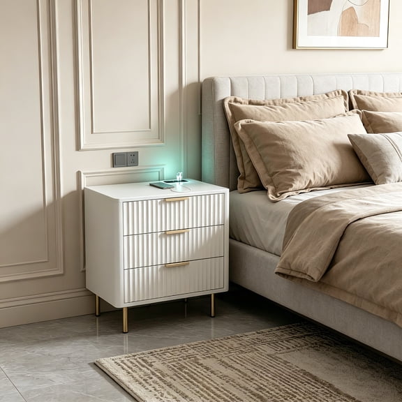 AUU Smart Nightstand with Charging Station and Night Light – Modern Bedside Table with Storage Cabinet for Bedroom