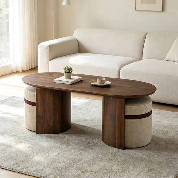 AUU Space-Saving Oval Wooden Coffee Table Set with 2 Matching Poufs Modern Center Table & Ottoman Set for Living Room, Apartment, or Lounge