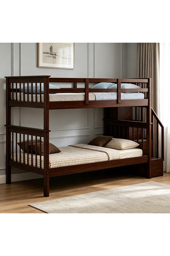 AUU Stairway Twin-Over-Twin Bunk Bed with Storage and Guard Rail – Space-Saving Wooden Bed for Bedroom or Dorm