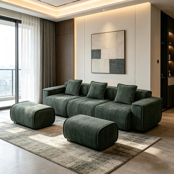 AUU Streamlined Design Modular 3-Seat U-Shape Sectional Sofa with French Edge Piping, No Assembly Required, Velvet Couch with Throw Pillows and 2 Movable Ottomans