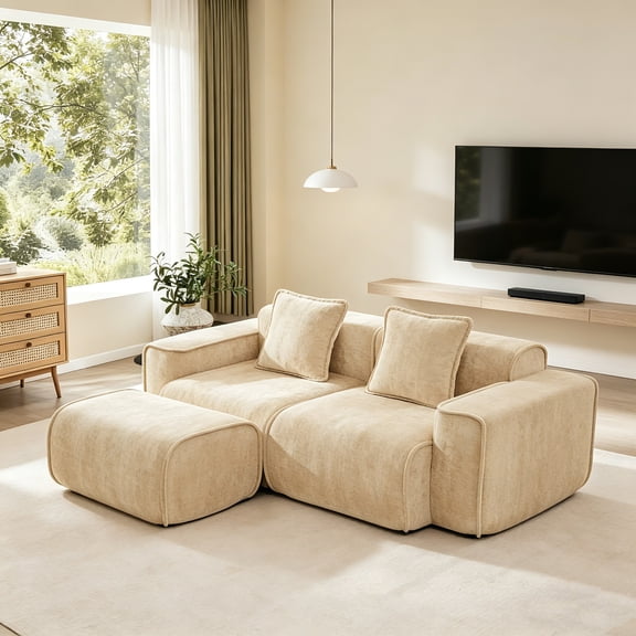AUU Streamlined Modular L-Shape 2-Seat Sectional Sofa, Frameless Design with French Edge Piping, No Assembly Required, Includes Throw Pillows and Movable Ottoman, Velvet Fabric